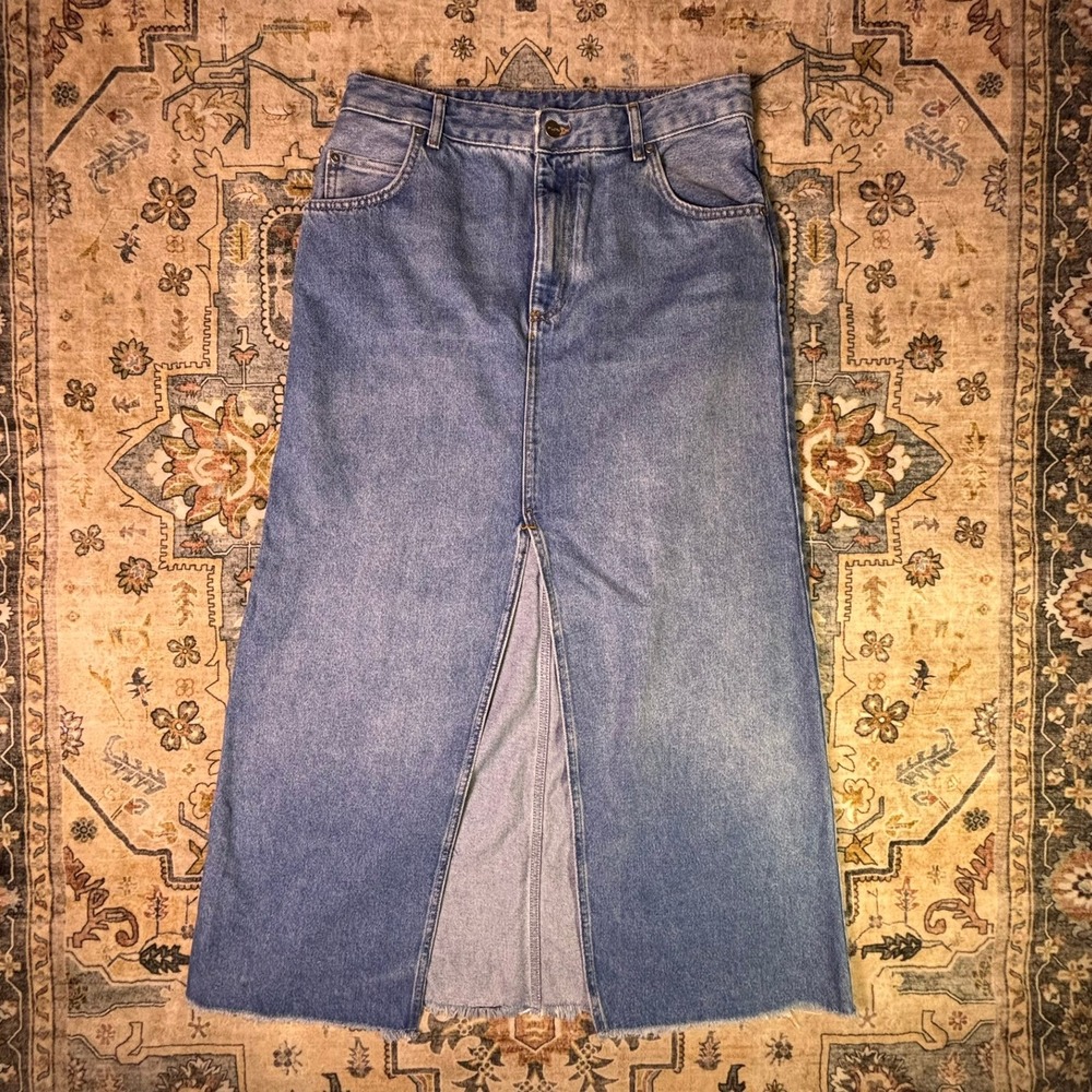 Pilcro and the Letterpress Denim Maxi Skirt 12 Raw Hem Split Front Fall Anthro